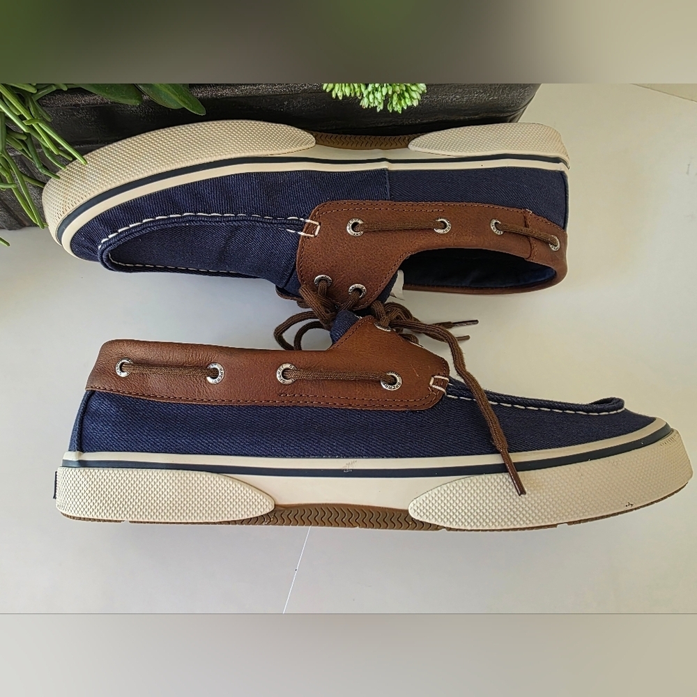 Sperry Halyard 2 Eye Boat Shoes Navy Denim Leather Trim MN 13 Wide Preppy Casual - Picture 4 of 12